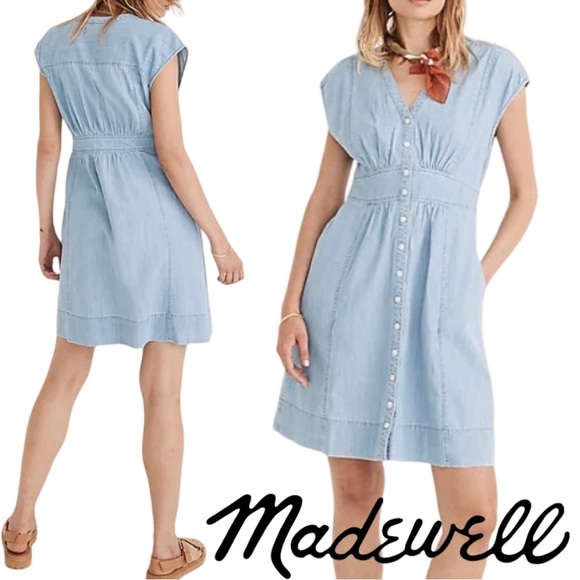 Madewell Dresses & Skirts - Madewell Denim Cap Sleeve Button Front Midi Dress Sunwashed Indigo Size 4